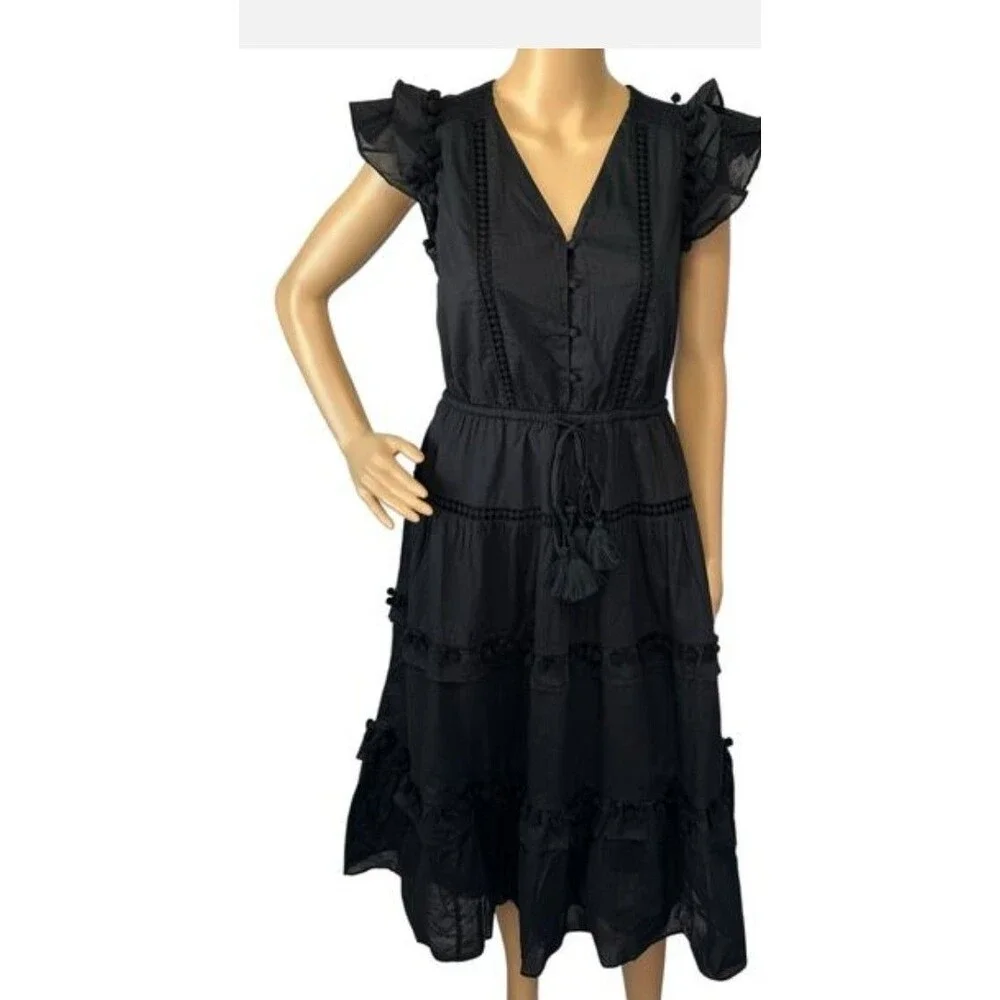 NWT J.Crew Pom-pom Midi in Black Cotton Voile Tiered Dress Size 0 $128 Worn Once